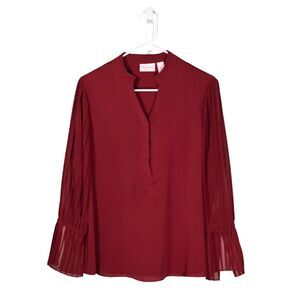 Chico's Women's Blouse Red V-Neck Pleated Long Sleeve Lined Shirt Top 1P M/8P